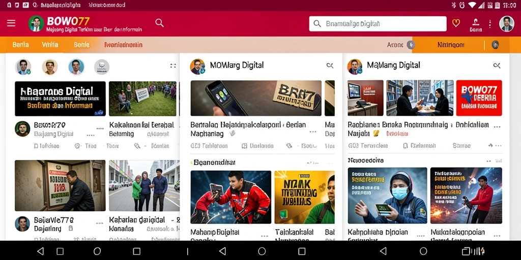 Antarmuka aplikasi BOWO77 menampilkan berbagai artikel berita menarik.