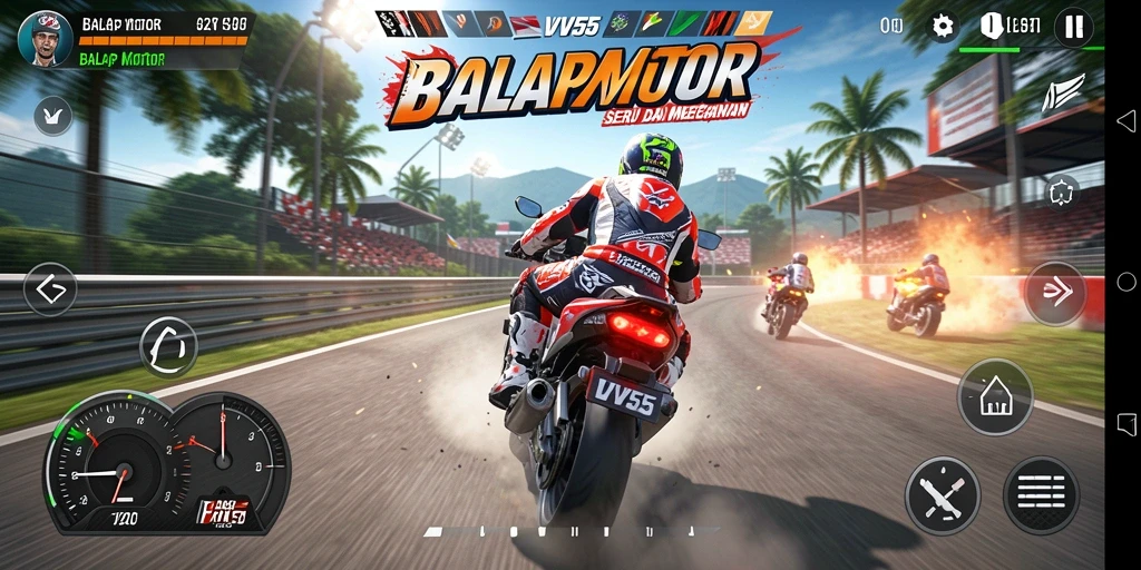 Antarmuka balapan motor yang menegangkan dan penuh aksi.